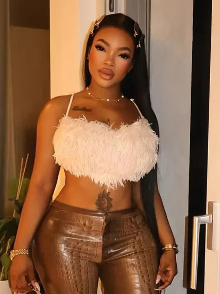 White Faux Furs Backless Crop Top