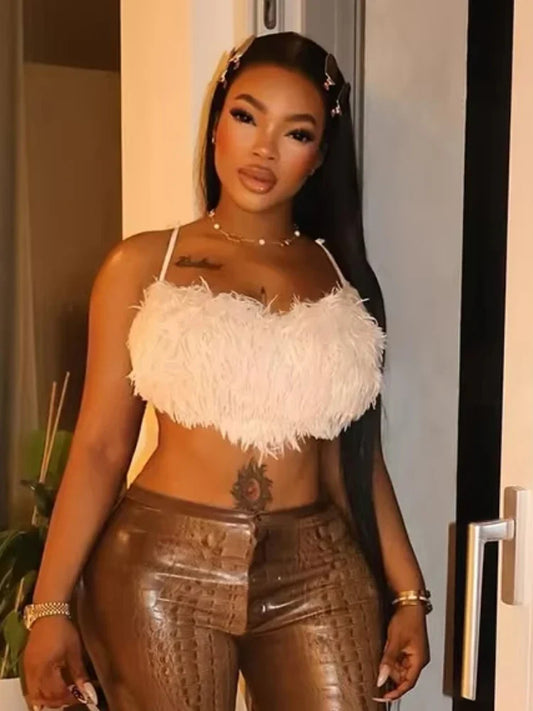 White Faux Furs Backless Crop Top