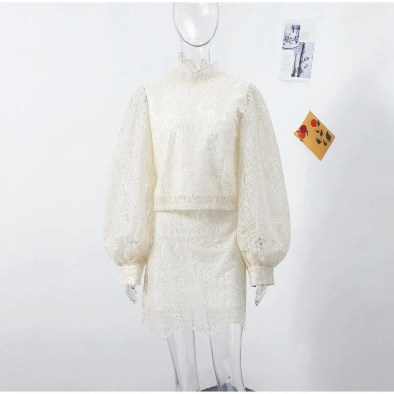 Lace Elegant Turtleneck Skirt Set