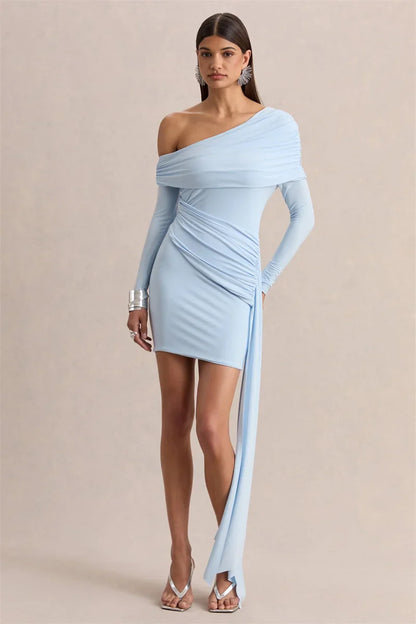 Diagonal Collar Draped Ruched Mini Dress