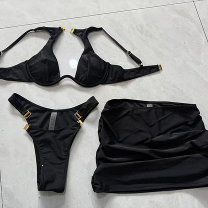 Black Hollow 3-Pieces Bikini Set