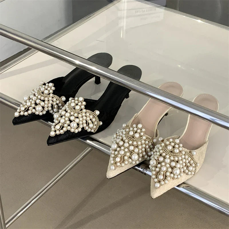 String Beads Pointed Toe Mules Shoes