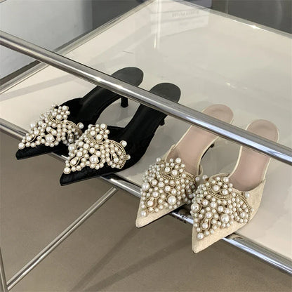 String Beads Pointed Toe Mules Shoes