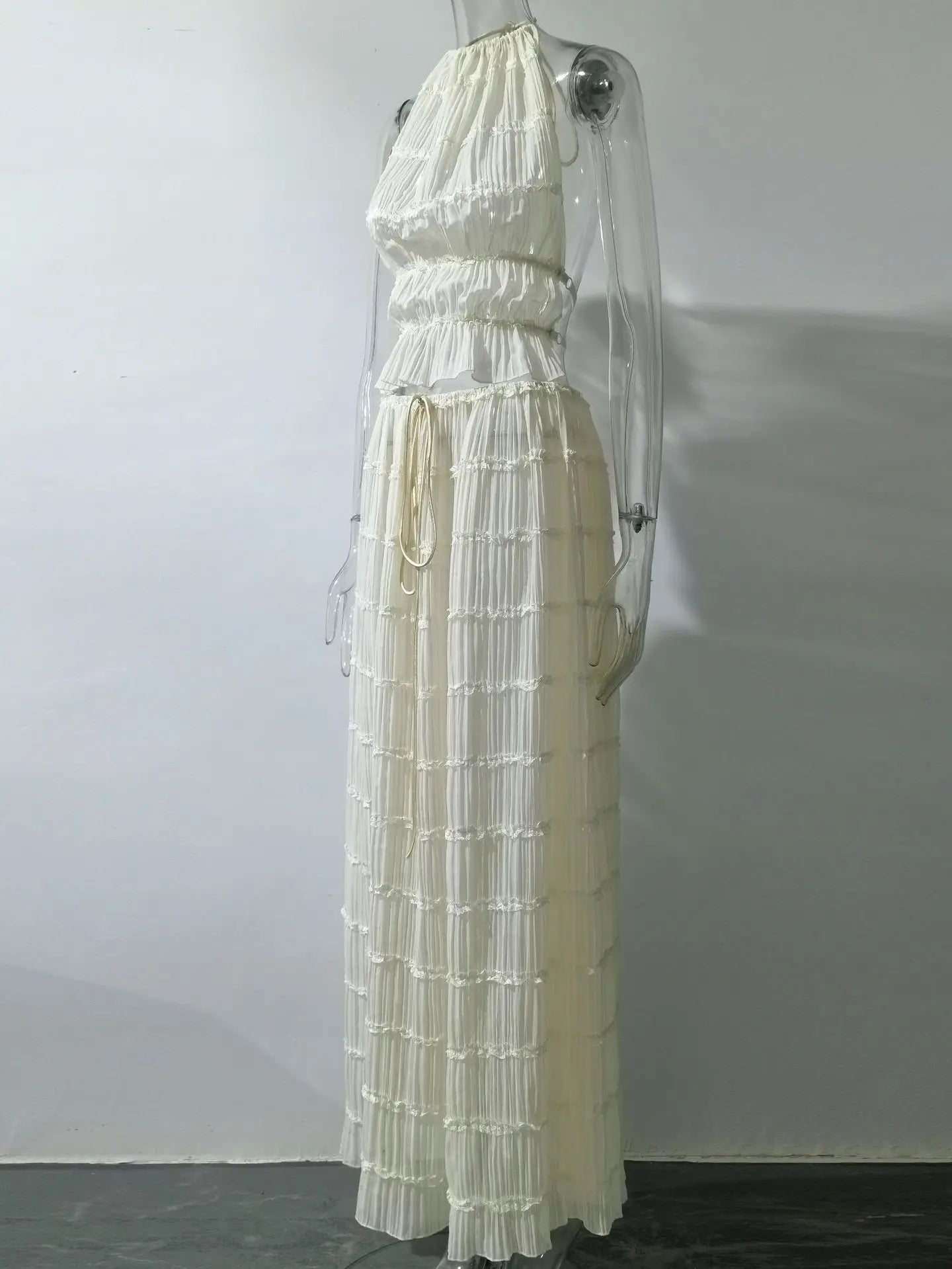 Sheer Lace Up Ruched Skirt Set