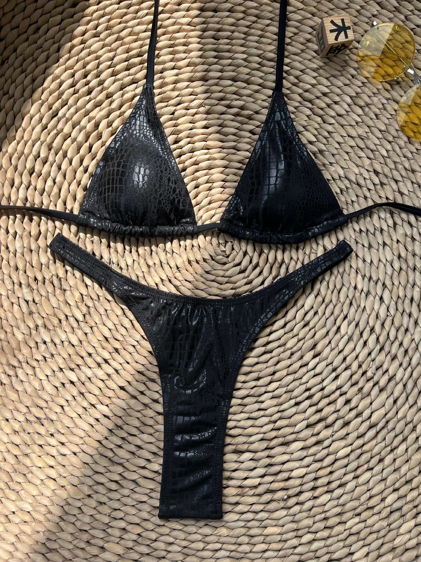 Black Snakeskin Rhinestone Thong Bikini