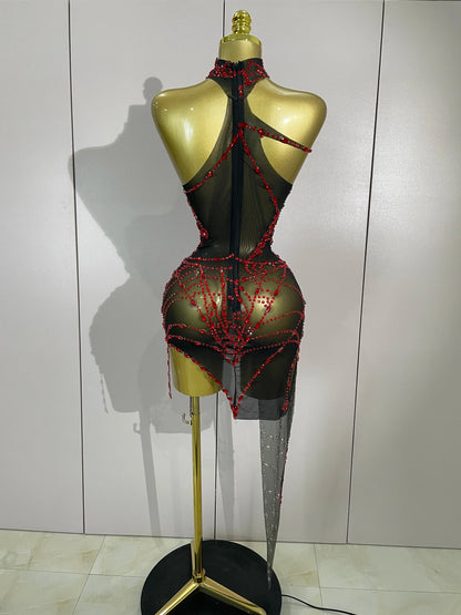 Rhinestone Mesh Asymmetric Mini Dress