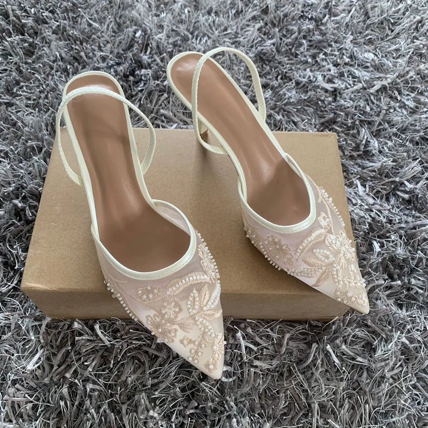 Sequin Embroidered Mesh Slingback Pump Shoes