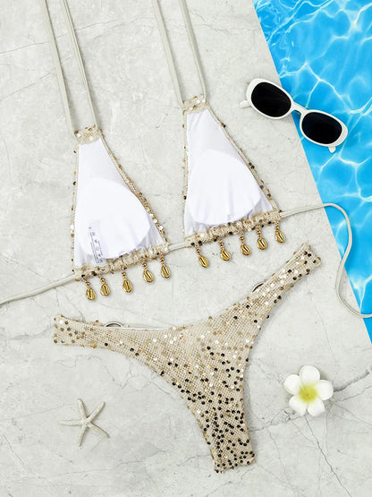Shiny Sequins Halter Shell Bikini
