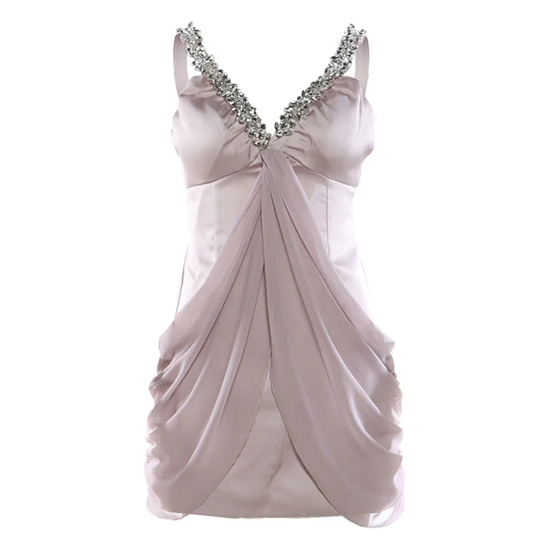 Rhinestone V-Neck Folded Mini Dress