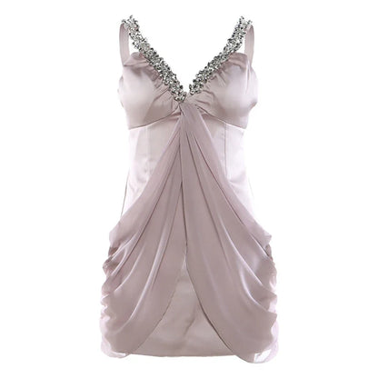 Rhinestone V-Neck Folded Mini Dress