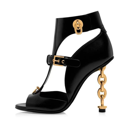 Black Leather Chain Heels Ankle Boots