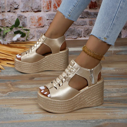 Zipper Leather Wedges Platform Sandals