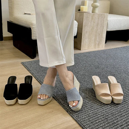 Rattan Weave Platform Wedges Sandals