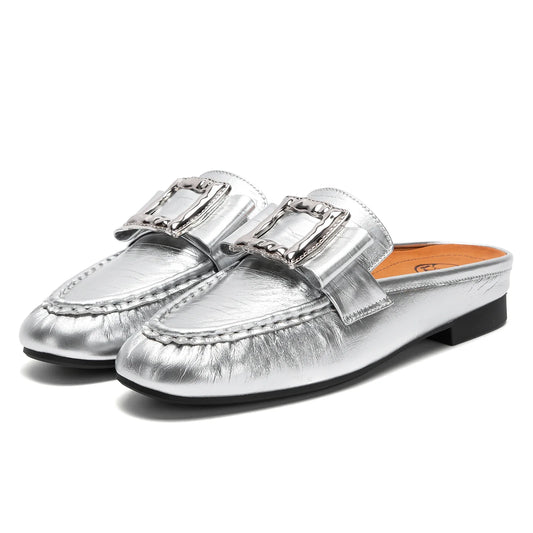 Square Appliques Leather Mules Shoes