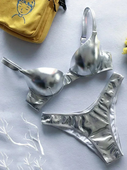 Shiny Faux Leather Underwired Bikini