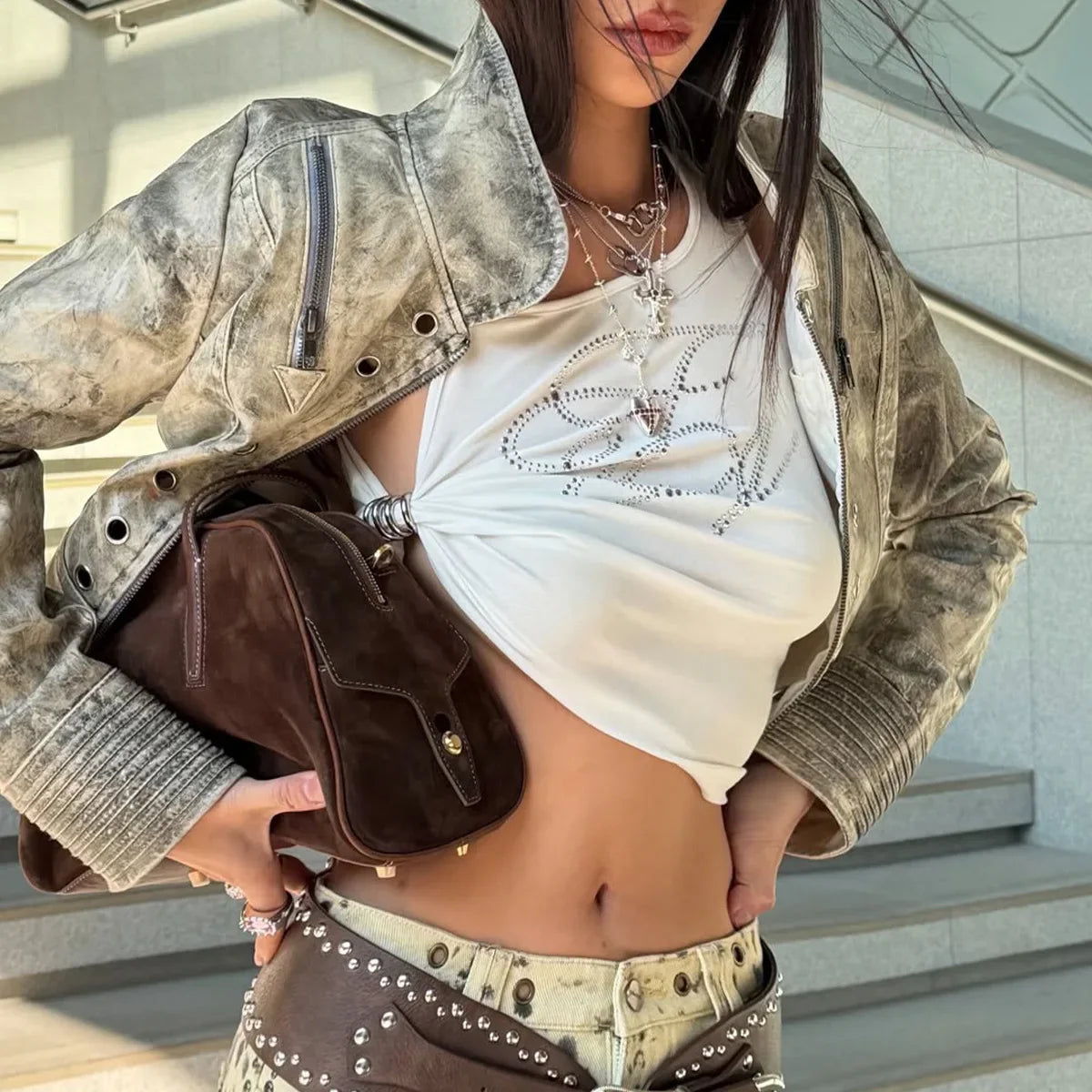 Side Tie Beaded Straps Crop Top