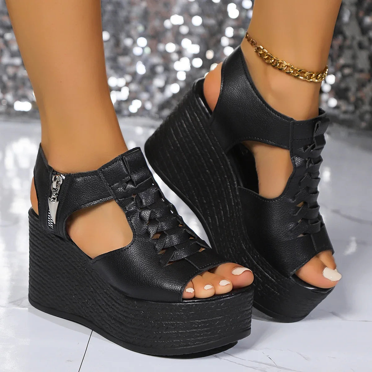 Zipper Leather Wedges Platform Sandals