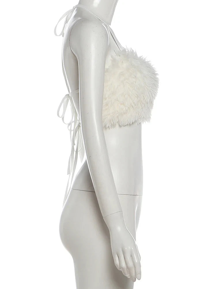 White Faux Furs Backless Crop Top