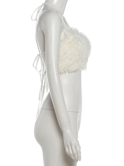 White Faux Furs Backless Crop Top