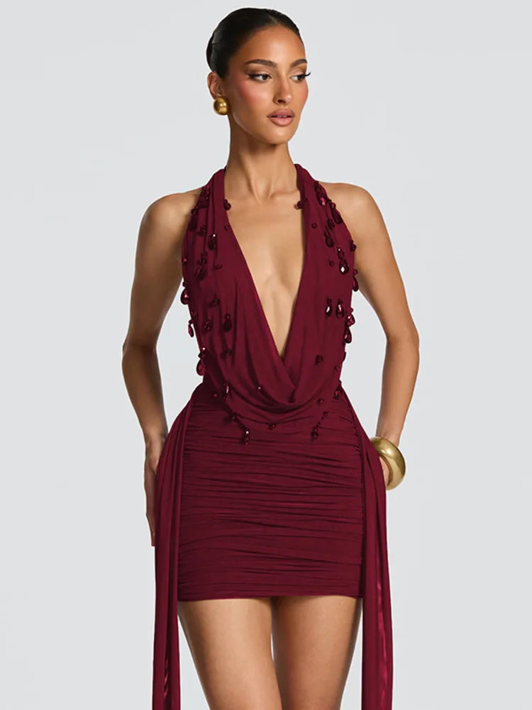 Teardrop Crystals V-Neck Mini Dress