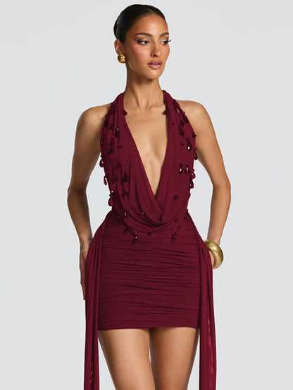 Teardrop Crystals V-Neck Mini Dress