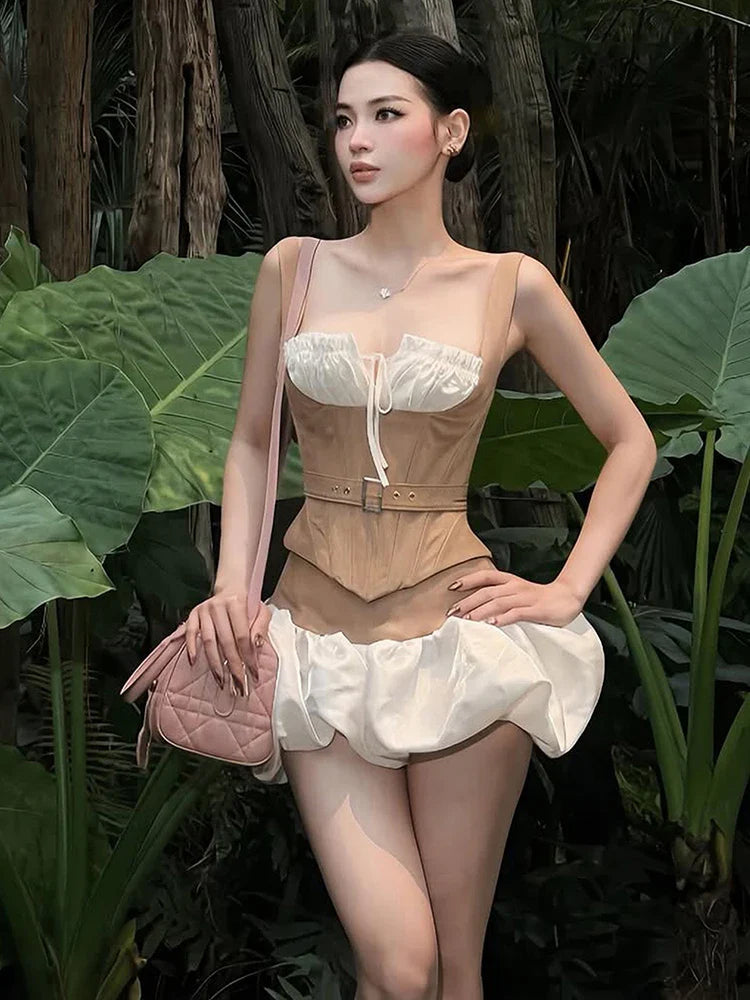 Belt Decoration Vest Puffy Skirt Set
