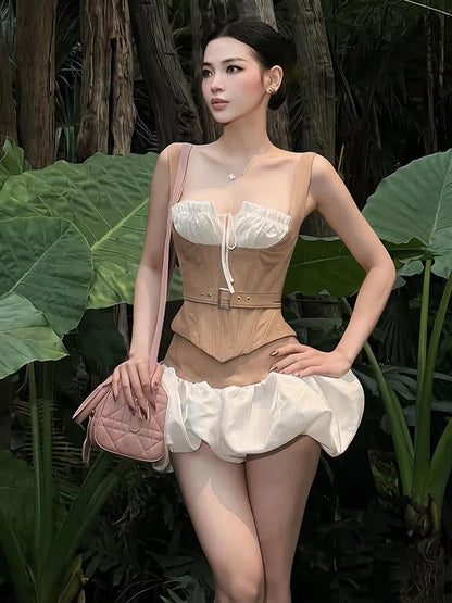 Belt Decoration Vest Puffy Skirt Set