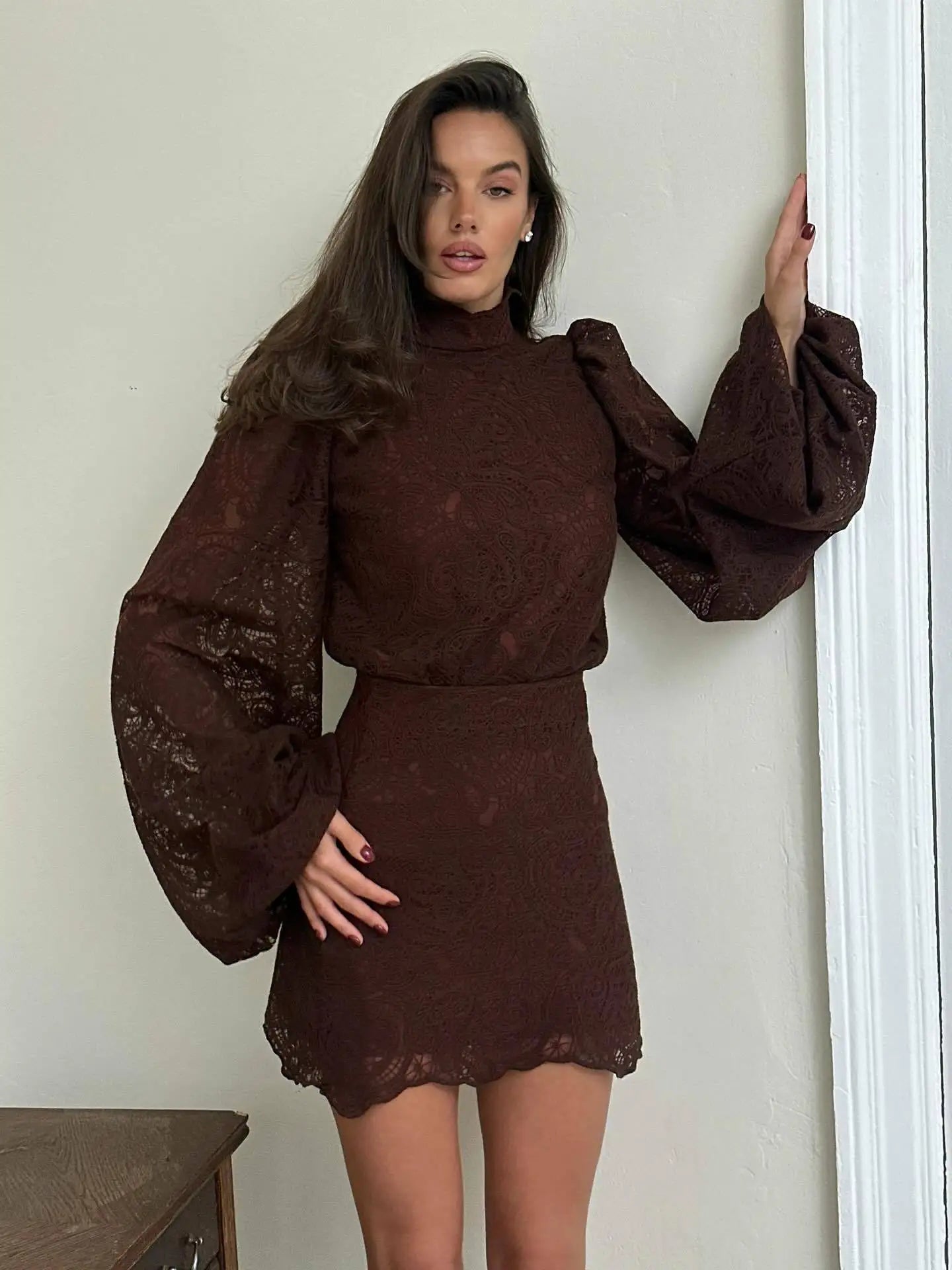 Lace Elegant Turtleneck Skirt Set