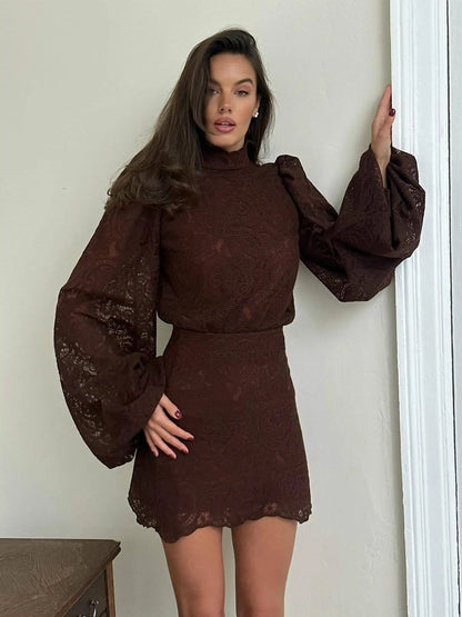 Lace Elegant Turtleneck Skirt Set