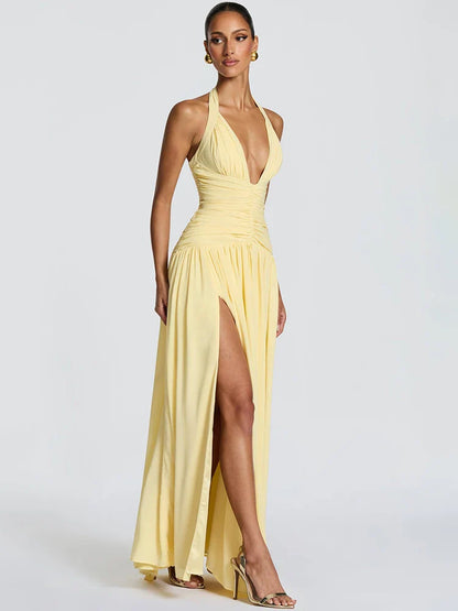 Halter Deep V Neck Backless Long Dress