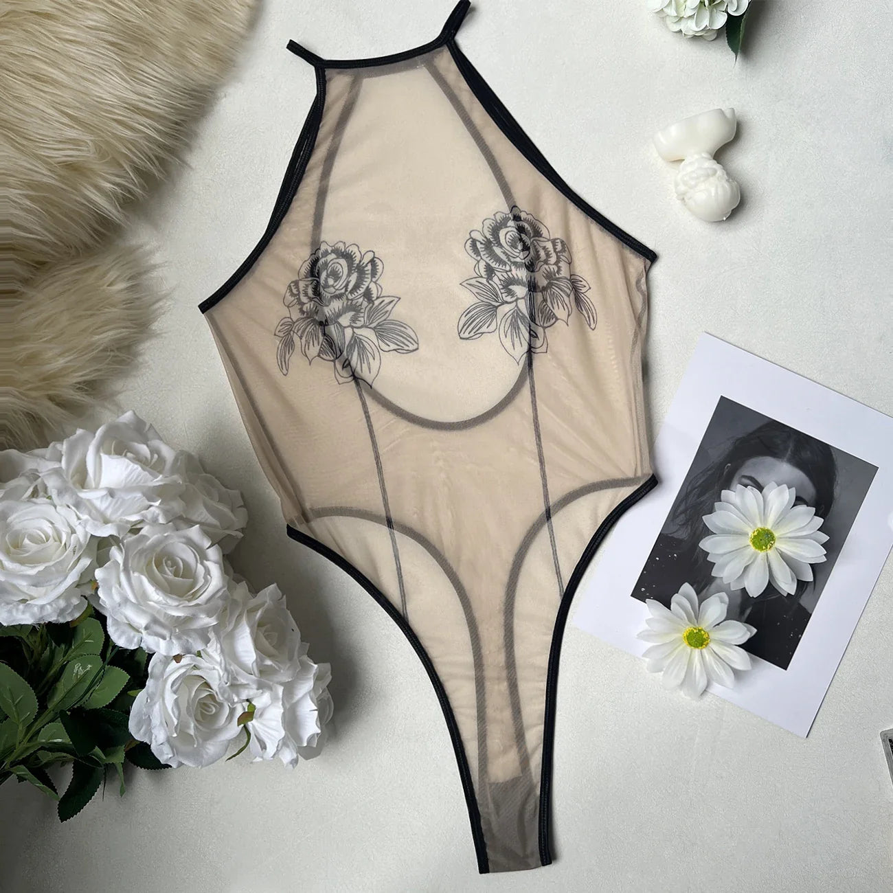 Rose Sheer Backless Teddies