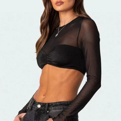 Black Mesh Long Sleeve Crop Top