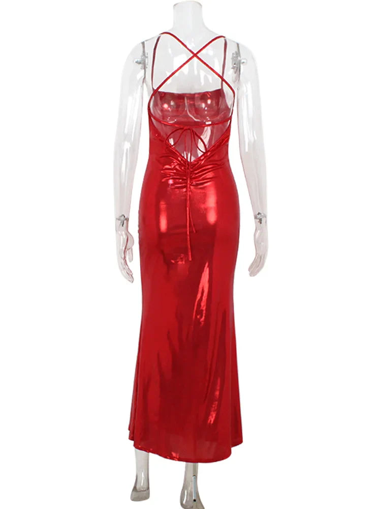 Red Shiny Backless Maxi Dress
