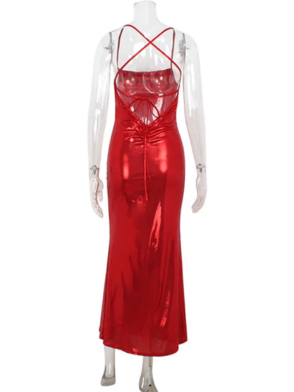 Red Shiny Backless Maxi Dress