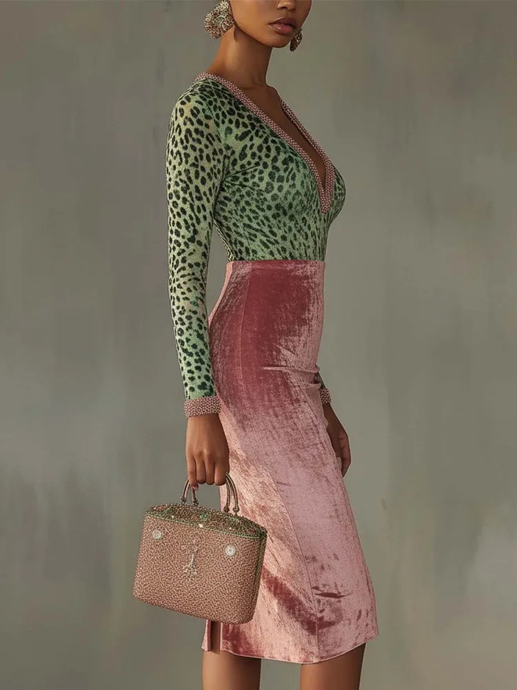 Green Leopard Pink Midi Dress