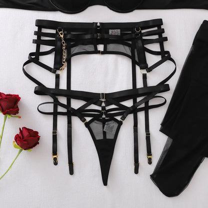 Solid Black Straps Garter Lingerie