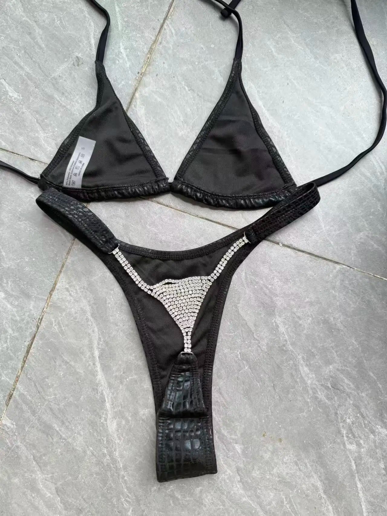 Black Snakeskin Rhinestone Thong Bikini