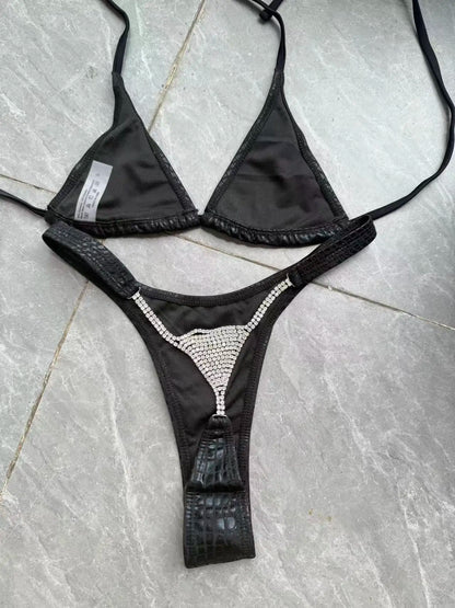 Black Snakeskin Rhinestone Thong Bikini
