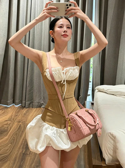 Belt Decoration Vest Puffy Skirt Set
