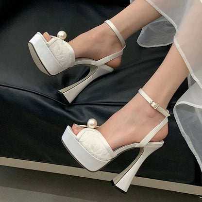 Buckle Strap Pearl Decor Pump Sandals