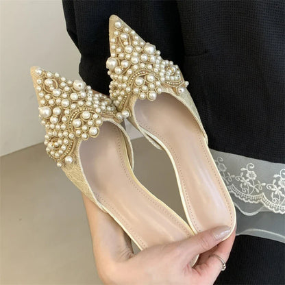 String Beads Pointed Toe Mules Shoes