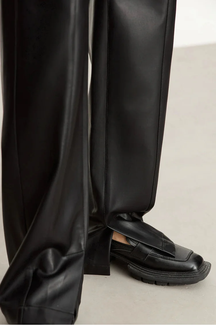 Minimalist Solid Leather Straight Fit Pants