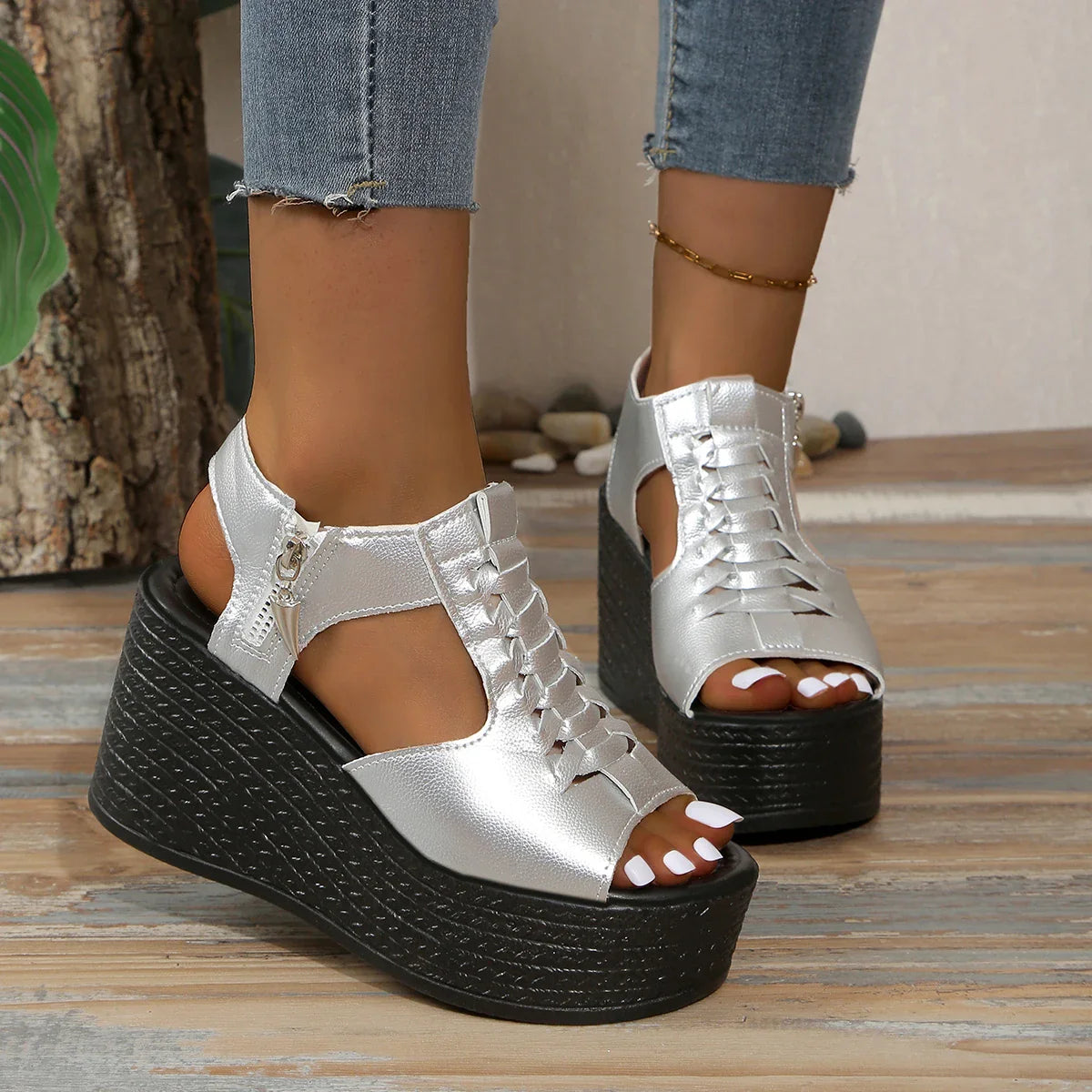 Zipper Leather Wedges Platform Sandals