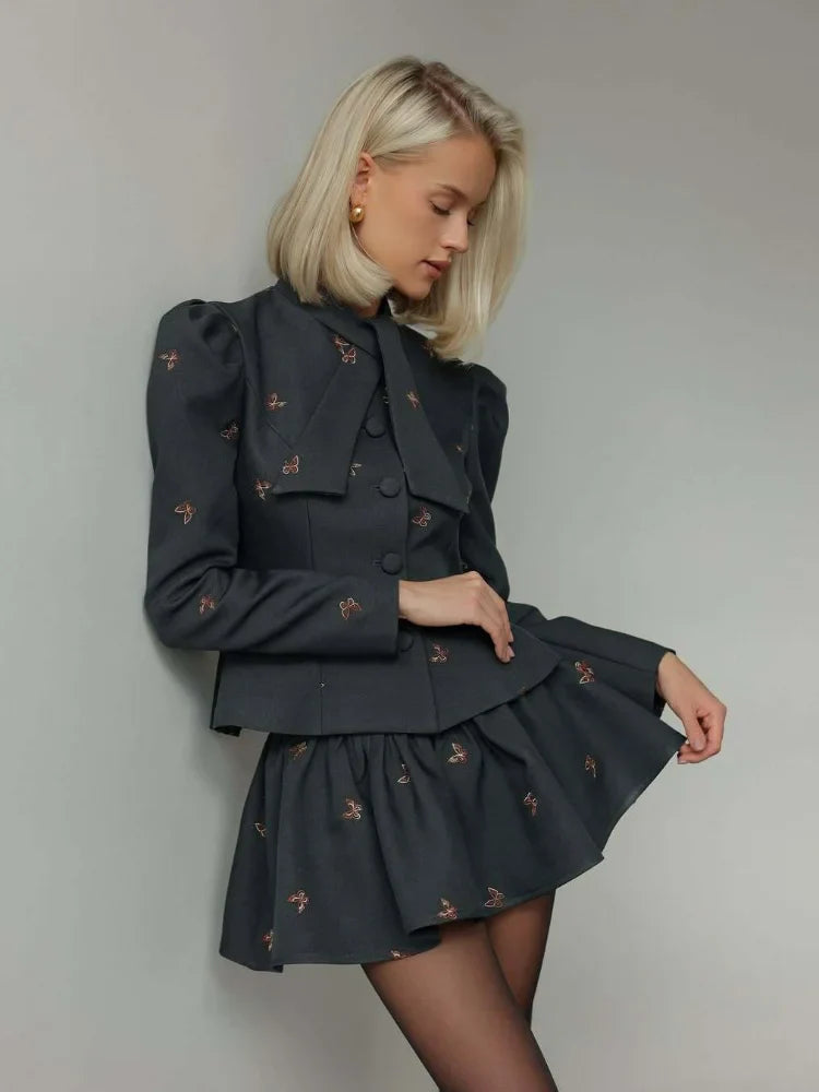 Bow Tie Neck Puff Sleeve Skirt Set
