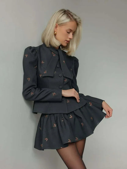 Bow Tie Neck Puff Sleeve Skirt Set