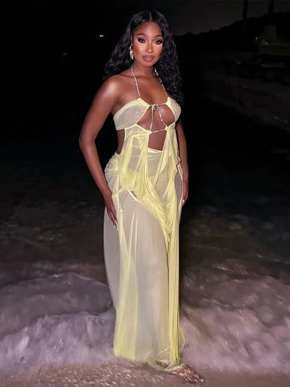 See-Through Halter Chain Backless Long Dress