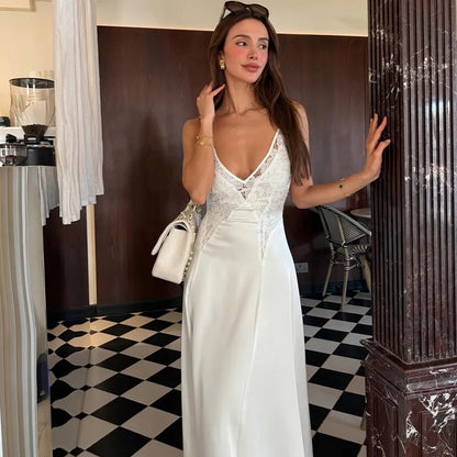 Lace Patchwork V-Neck Maxi Dress