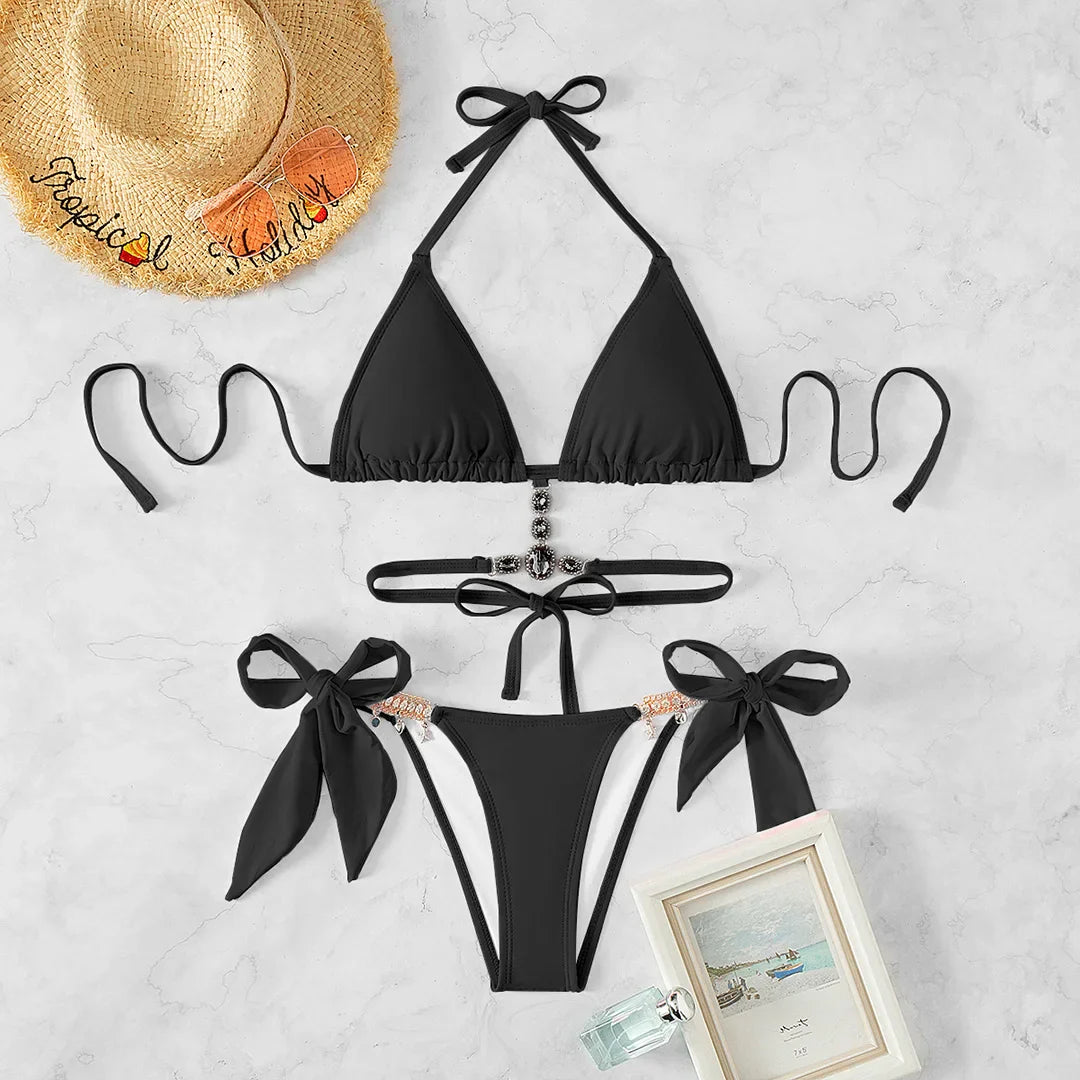 Side String Rhinestones Halter Bikini