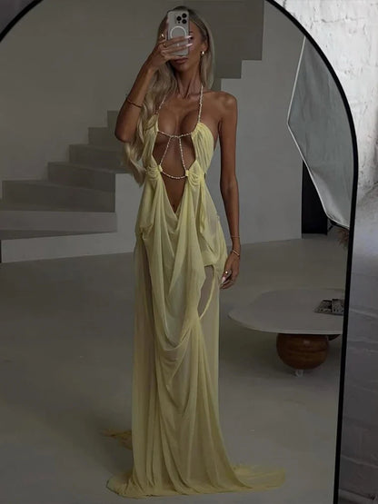 See-Through Halter Chain Backless Long Dress