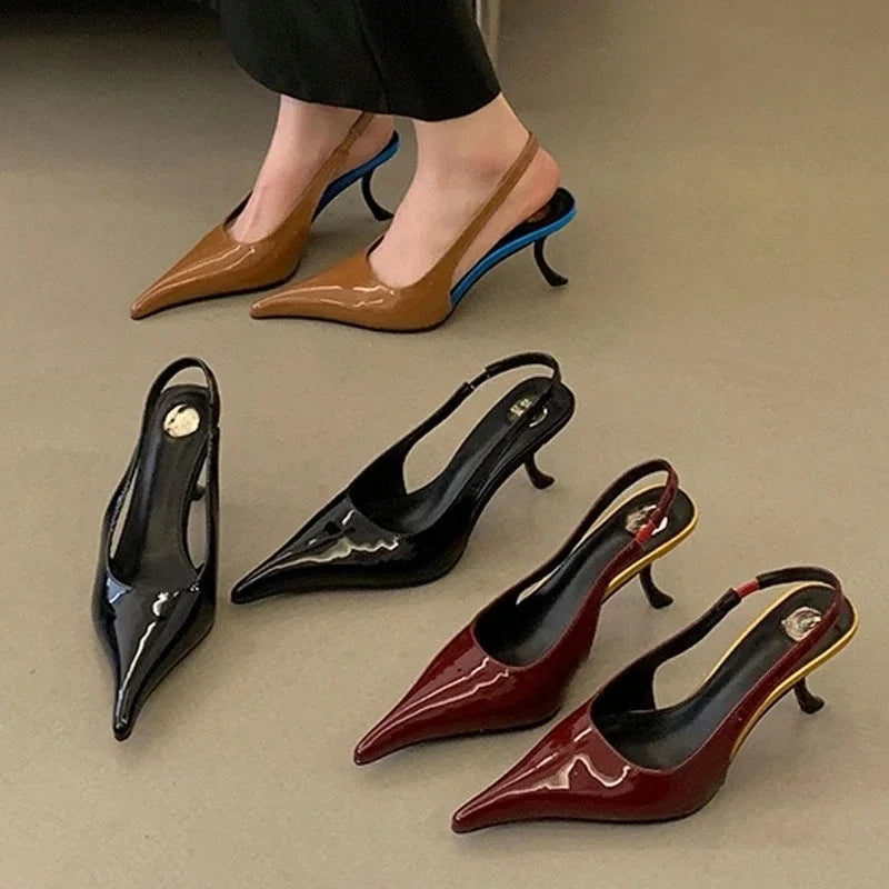 Patent Leather Pointed-Toe Slingback Shoes